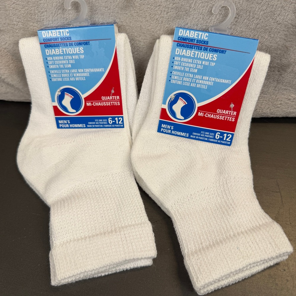 2 Pair Mens Diabetic Comfort Socks White Quarter Non-Binding Extra Wide Top 6-12